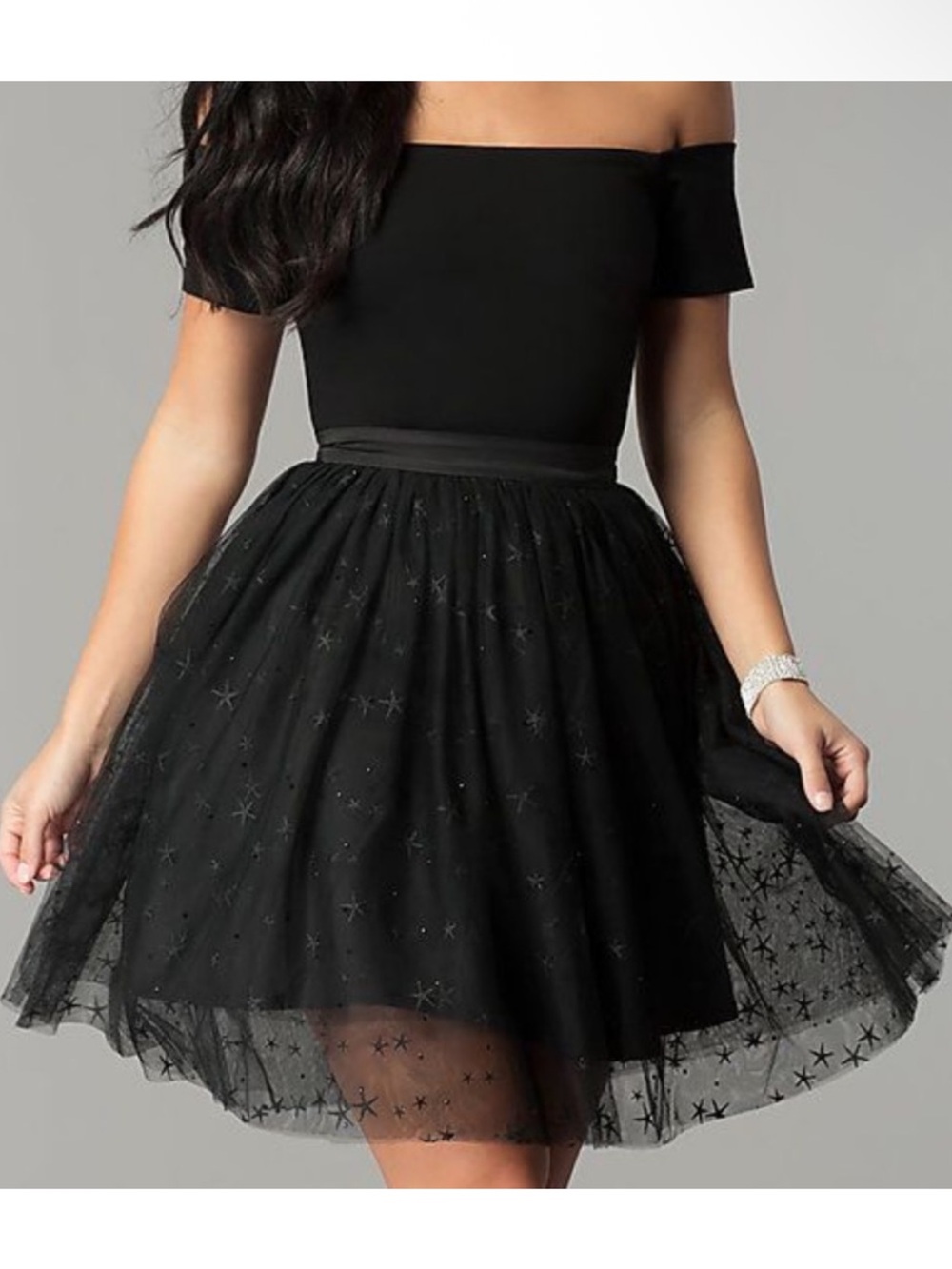 Harper + Lemon Black Starfish and Star Tulle Skirt Off the Shoulder Dress